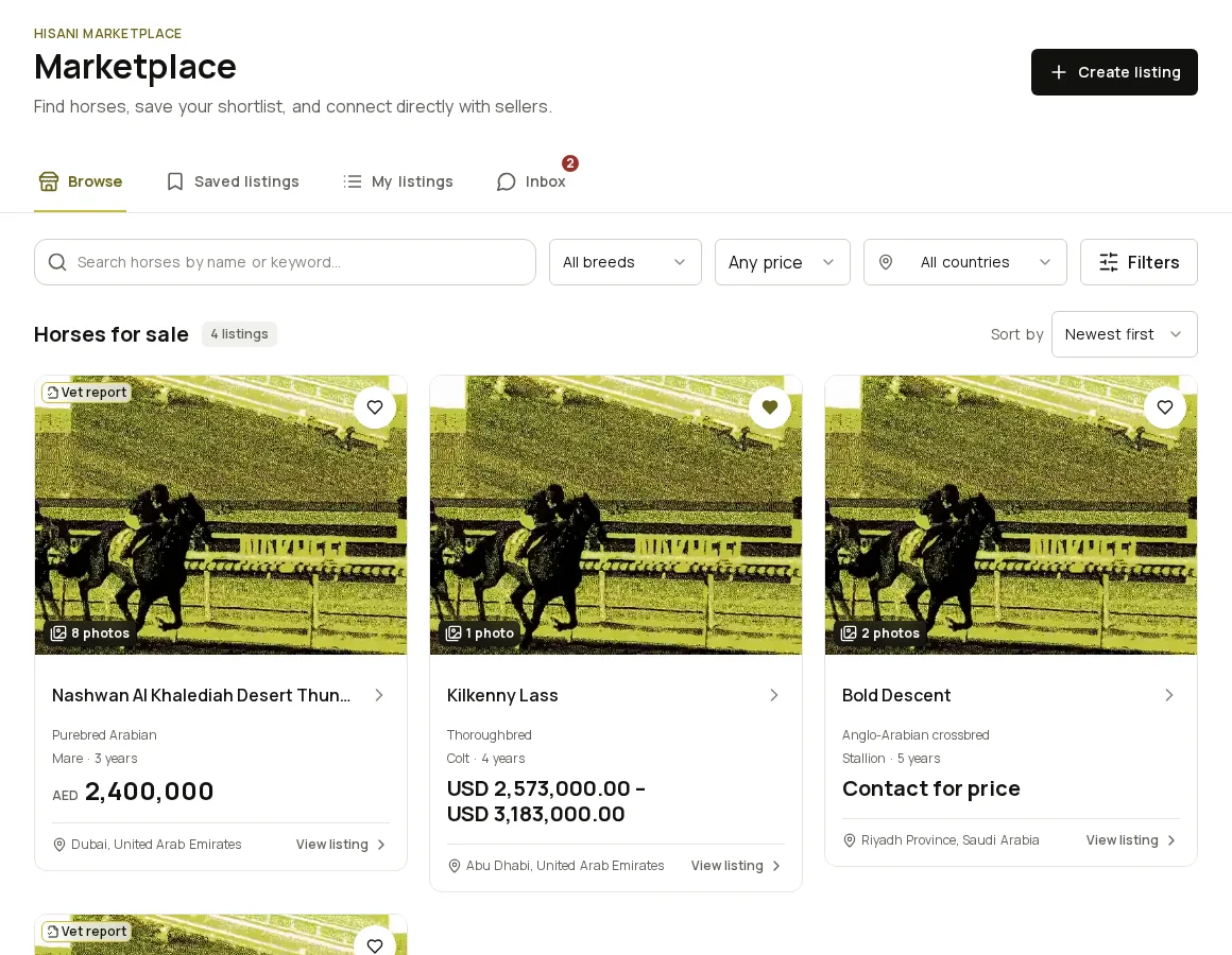 The Hisani Marketplace showing horses for sale with photographs, breed and price.