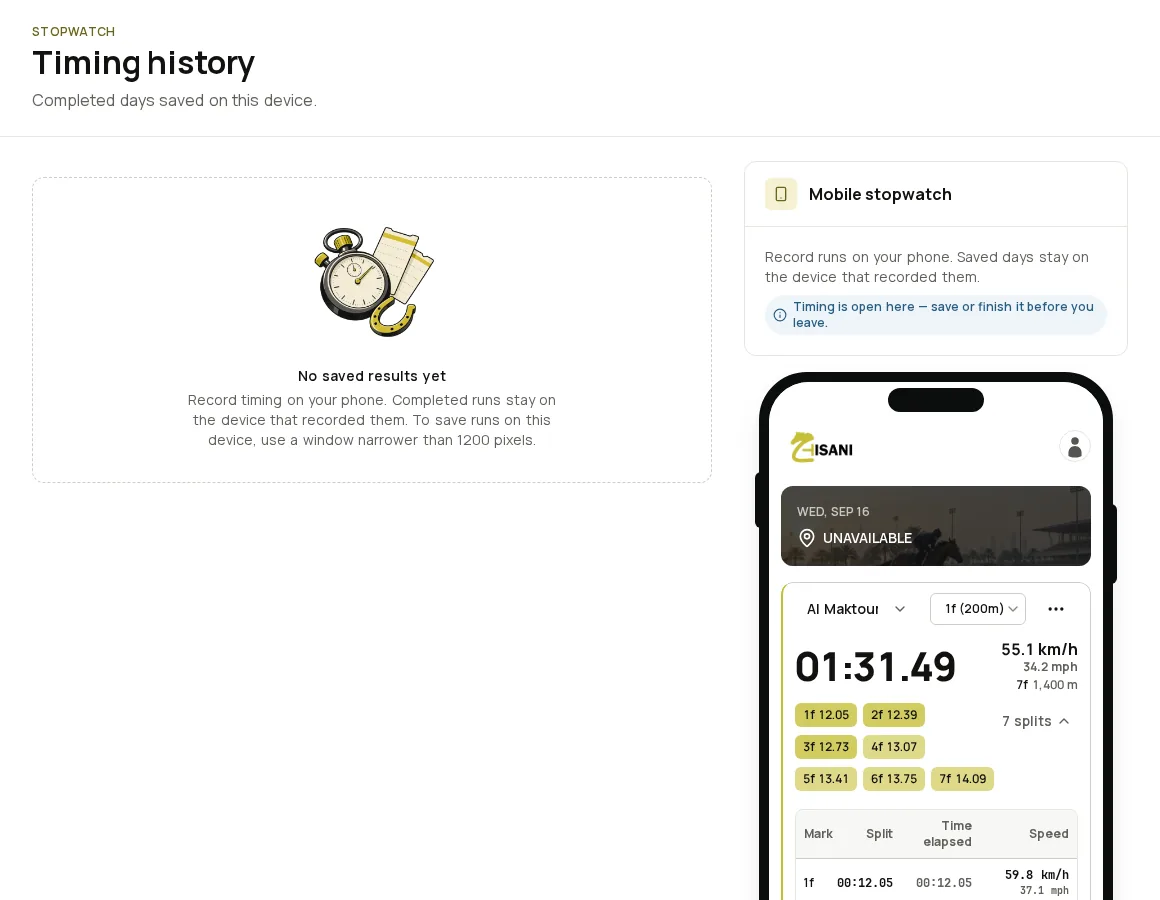 The Hisani Stopwatch running a timer against a named horse.