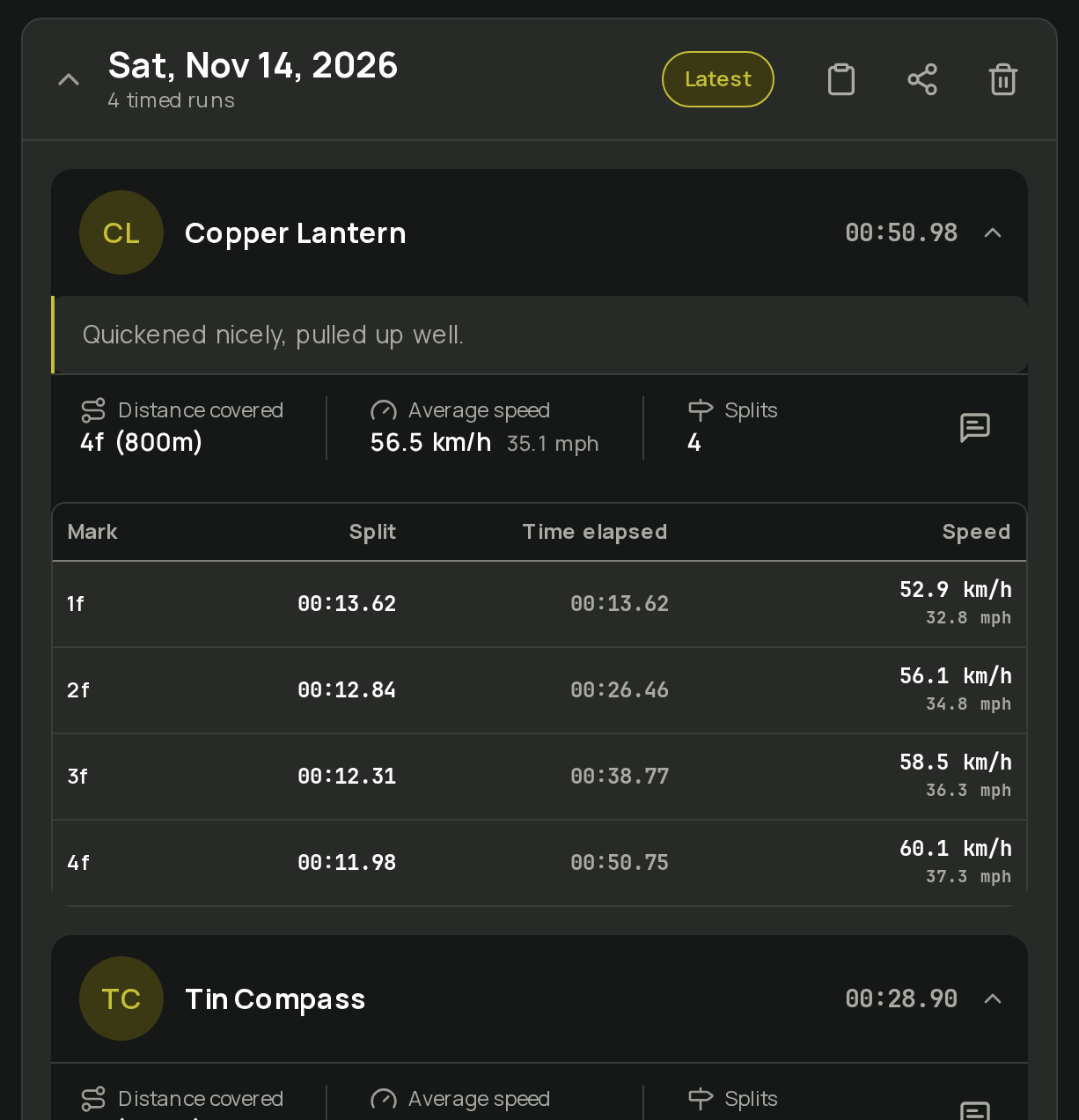 Stopwatch Timing history on a computer, with a saved day open showing its runs and splits (sample data).